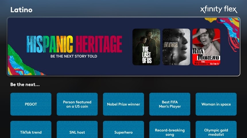 Xfinity Flex screenshot with Hispanic Heritage Month programming options.